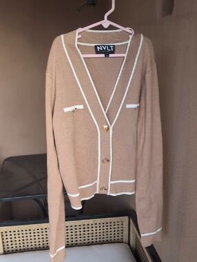 NVLT Tan Cardigan with White Trim and Gold Buttons